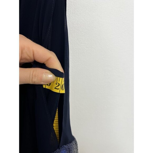 Xscape Capelet Mini Dress Navy Blue Sequin Trim Sheath Sheer Cape Sz 10 - Picture 10 of 12